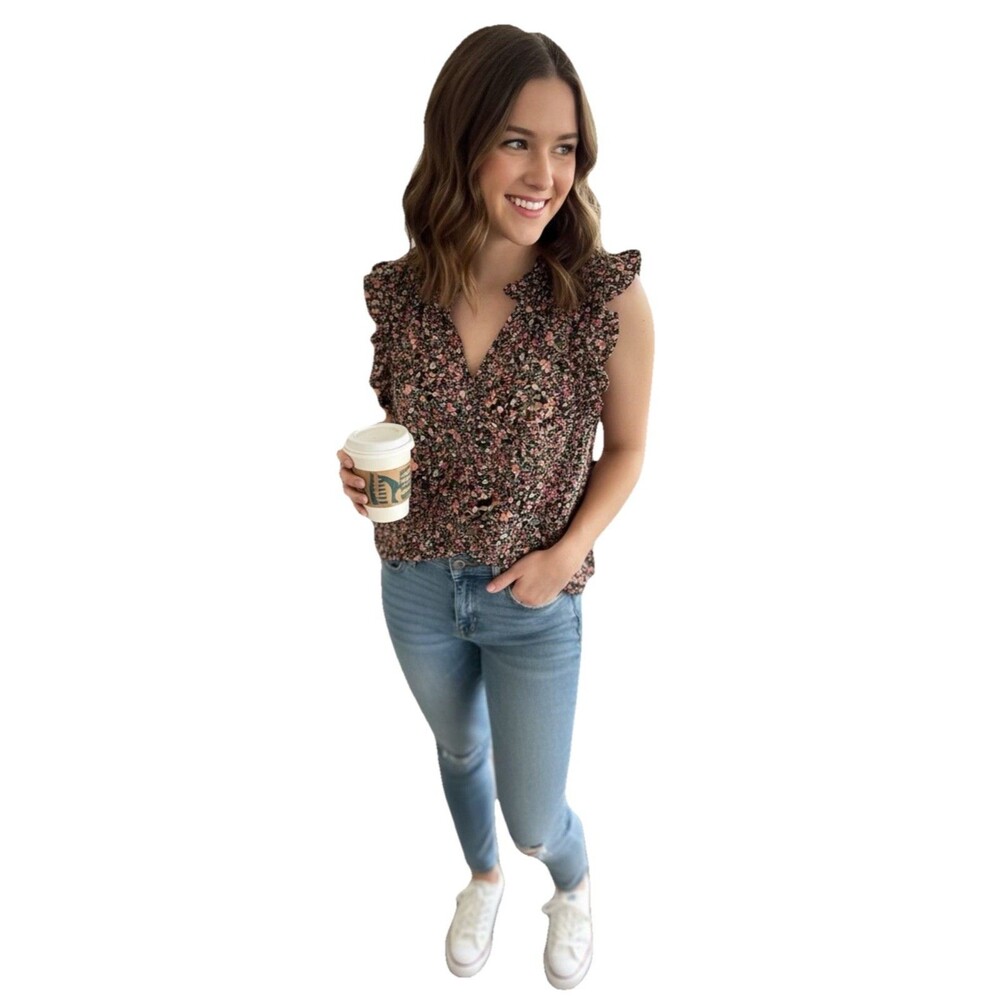 BB Dakota Steve Madden Floral Ruffle Sleeveless Top XXL Black Pink Cotton Blouse